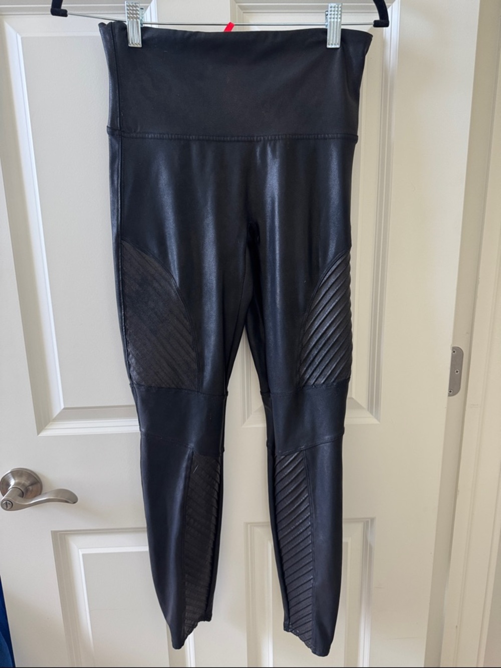 SPANX Faux Leather Black Leggings with Quilted Panels